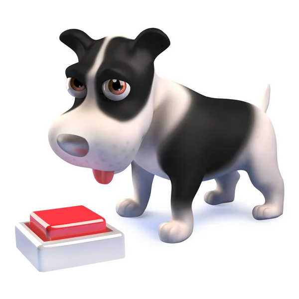 Funny Cartoon 3D svart och vit valp hund tittar på en knapp switch på golvet — Stockfoto