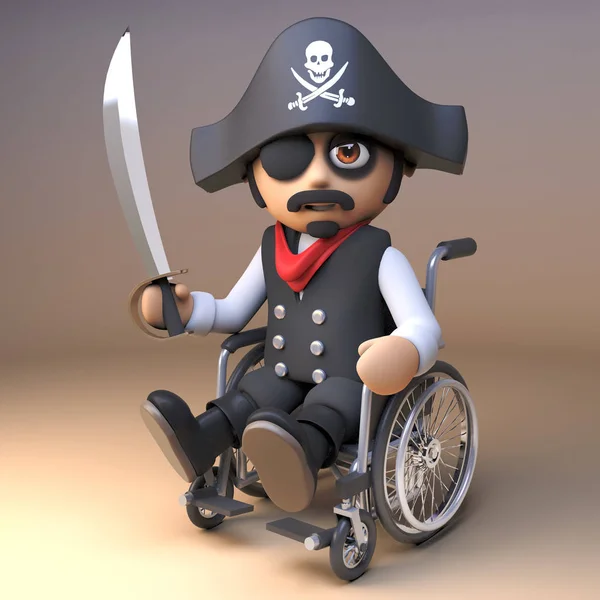 Pirate sea captain in eyepatch and skull and crossbones hat wields a cutlass while using a wheelchair, 3d illustration