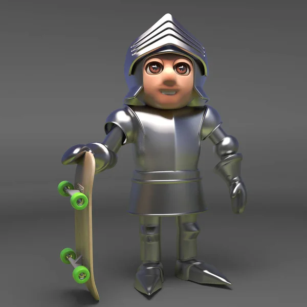 Chivalour knight in plate metal armour holding a skateboard, 3d illustration