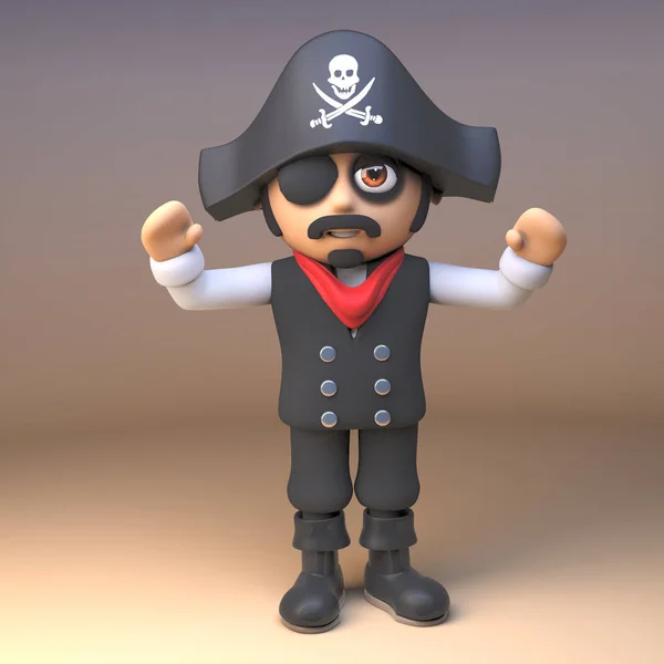 Alegre roger usando pirata mar capitán con eyepatch vítores con felicidad, 3d ilustración — Foto de Stock