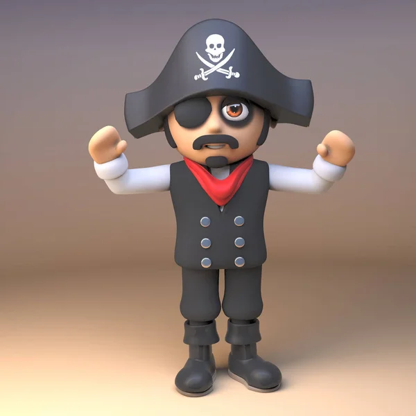 Jolly roger wearing pirate sea captain with eyepatch cheers with happiness, 3d illustration