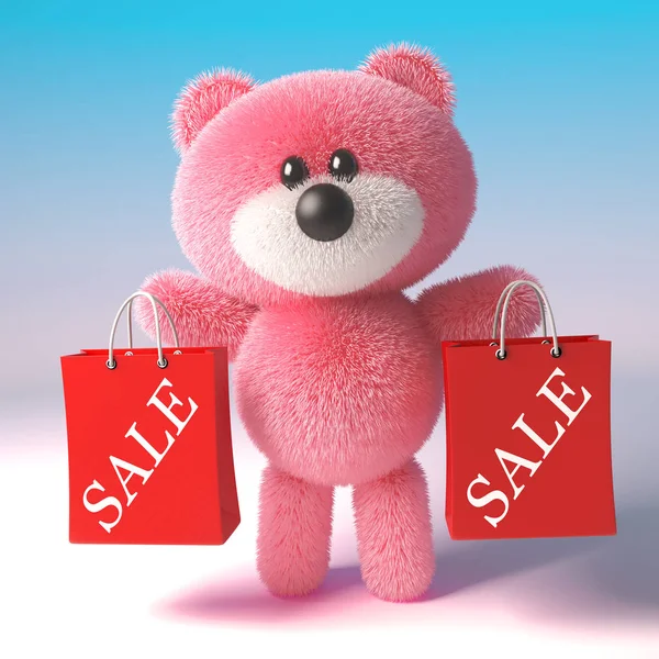 Κυνηγός παζάρι ροζ χνουδωτή αρκουδάκι χαρακτήρα έχει δύο σακούλες αγορών πώλησης, 3D εικονογράφηση — Φωτογραφία Αρχείου