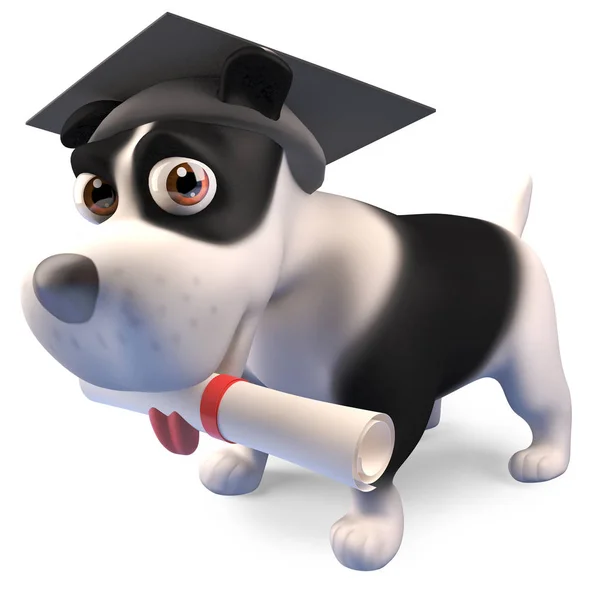 Graduate cachorro cão usa sua placa de argamassa e detém seu pergaminho diploma, ilustração 3d — Fotografia de Stock