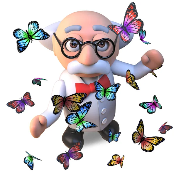 Intrigued mad scientist professor character surrounded by beautiful butterflies, 3d illustration