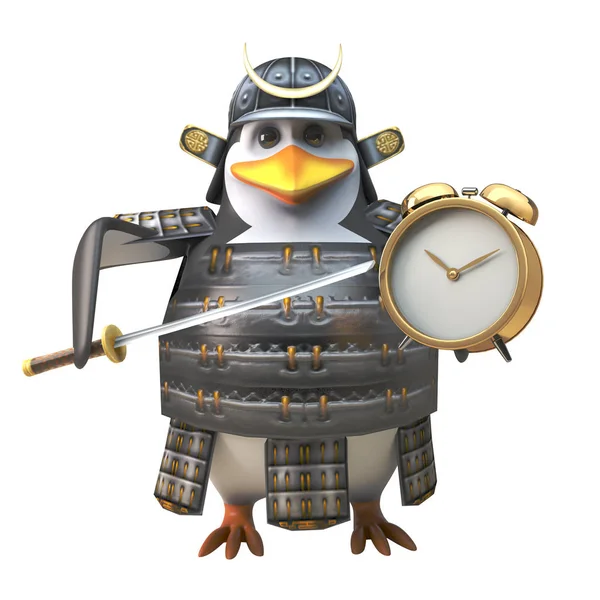 Efficient penguin samurai warrior in armour setting his alarm clock for the morning, 3d illustration
