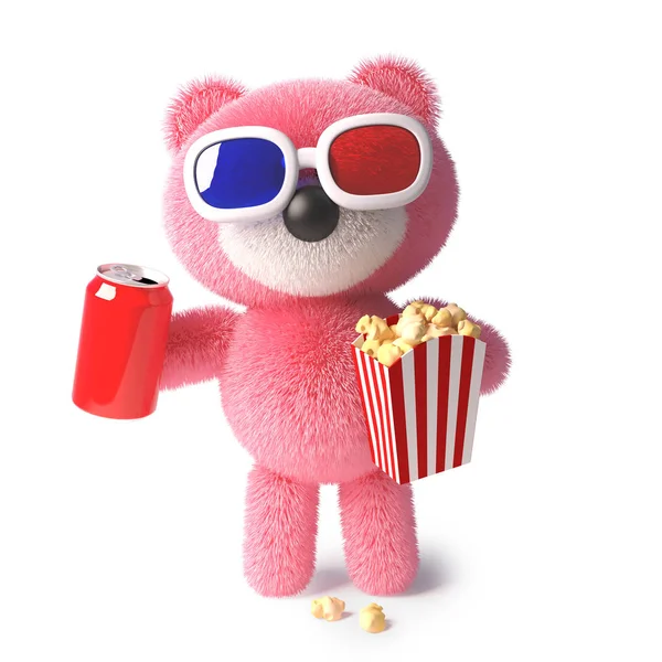 Söt gosiga rosa nallebjörn äta popcorn och dricka läsk medan du tittar på en 3D-film, 3D-illustration — Stockfoto