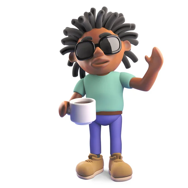 Dreadlocks bir fincan kahve, 3D illüstrasyon içme ile susamış siyah adam — Stok fotoğraf