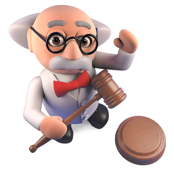 Crazy mad scientist professor character holding an auction gavel, 3d illustration — Stock Photo, Image