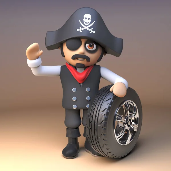 Pirate captain wearing skull and crossbones jolly roger hat and eyepatch waves and holds a car tyre and rim, 3d illustration