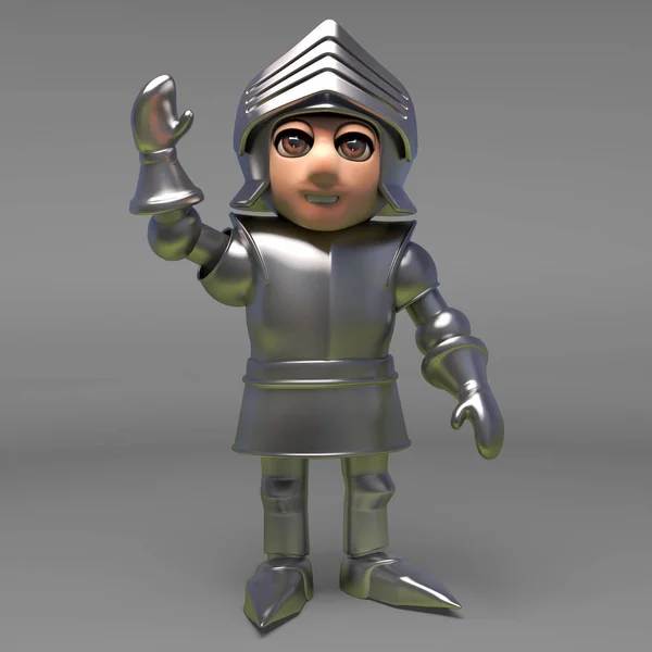 Gallant medieval knight in plate armour waves a cheerful hello, 3d illustration