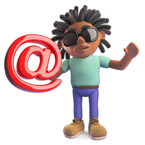 Cartoon zwarte man met dreadlocks vasthouden van een e-mailadres symbool, 3D-illustratie — Stockfoto