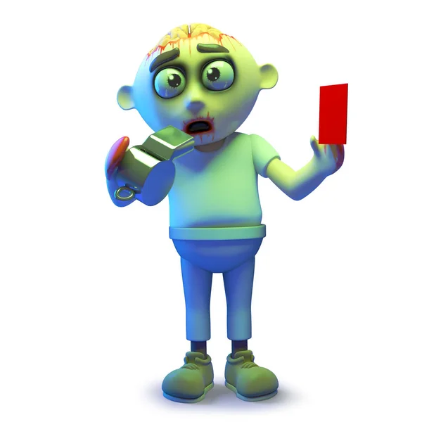Straszny sędzia zombie nieumarłych wieje jego gwizdka i trzyma się czerwoną kartkę, ilustracja 3D — Zdjęcie stockowe