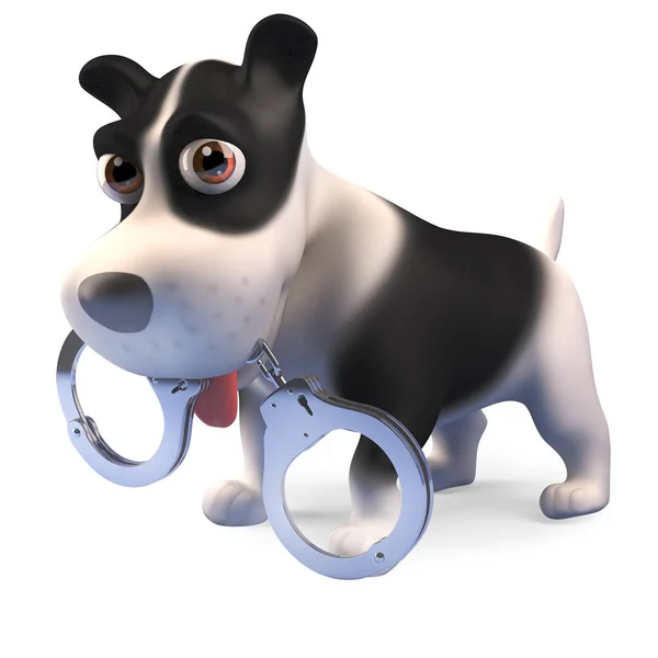 Naughty puppy dog has found a pair of handcuffs, 3d render — Stock Photo, Image