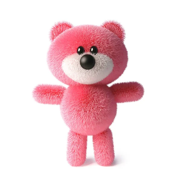 Soft rosa fofo ursinho de pelúcia personagem em pé pacificamente, ilustração 3d — Fotografia de Stock