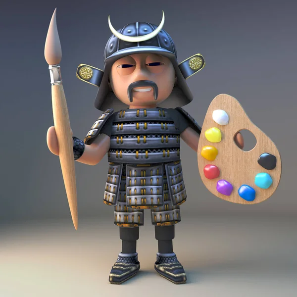 MIghty Japanese samurai warrior holding a paintbrush and palette with paints, 3d illustration