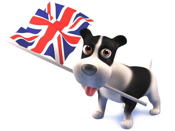 Cool valp hund innehar den brittiska flaggan, 3D illustration — Stockfoto