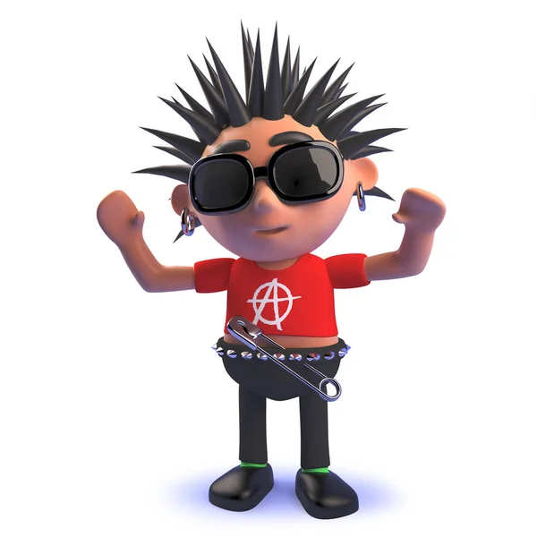 Punk rocker cartoon character in 3d with his arms raised high — Stock Photo, Image