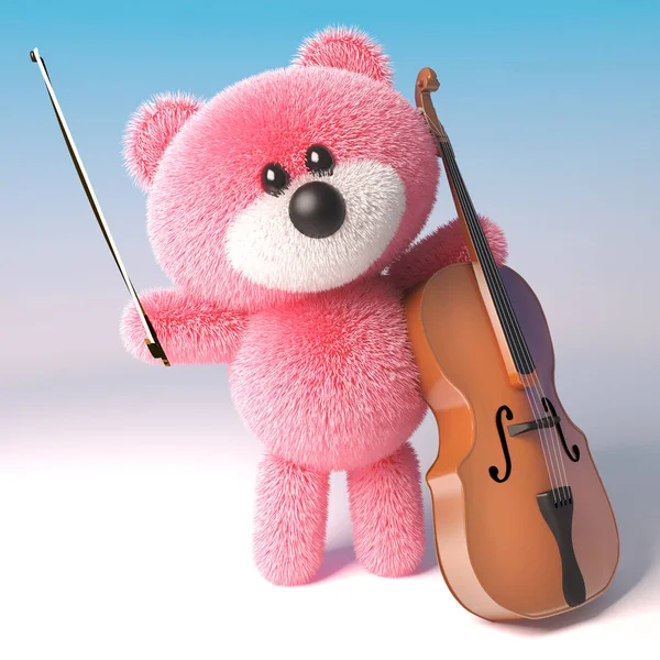 Musical rosa fofo personagem ursinho de pelúcia está tocando o violoncelo, ilustração 3d — Fotografia de Stock