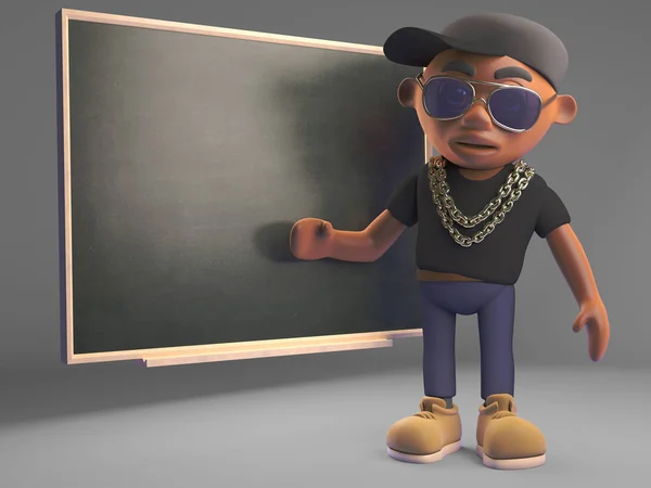 Cartoon black hiphop rapper teaching at the blackboard, 3d illustration