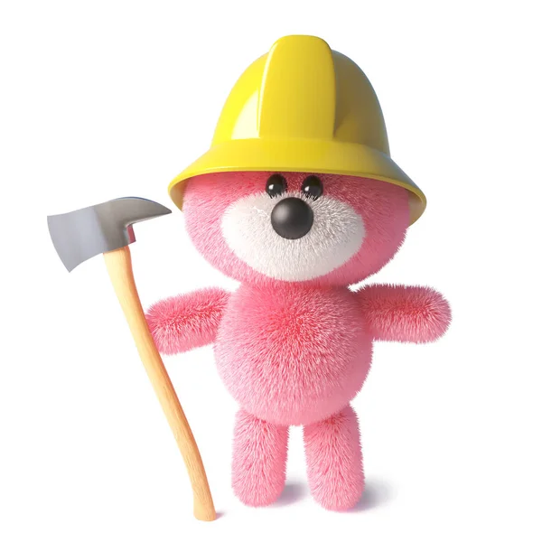 消防士の帽子をかぶり、斧を持つピンクのふわふわ毛皮を持つ消防士テディベア、3Dイラスト — ストック写真