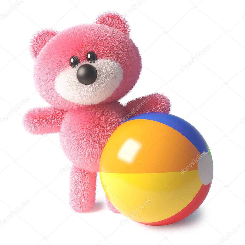 Holiday teddy bear character with soft pink fluffy fur playing with a beach ball, 3d illustration