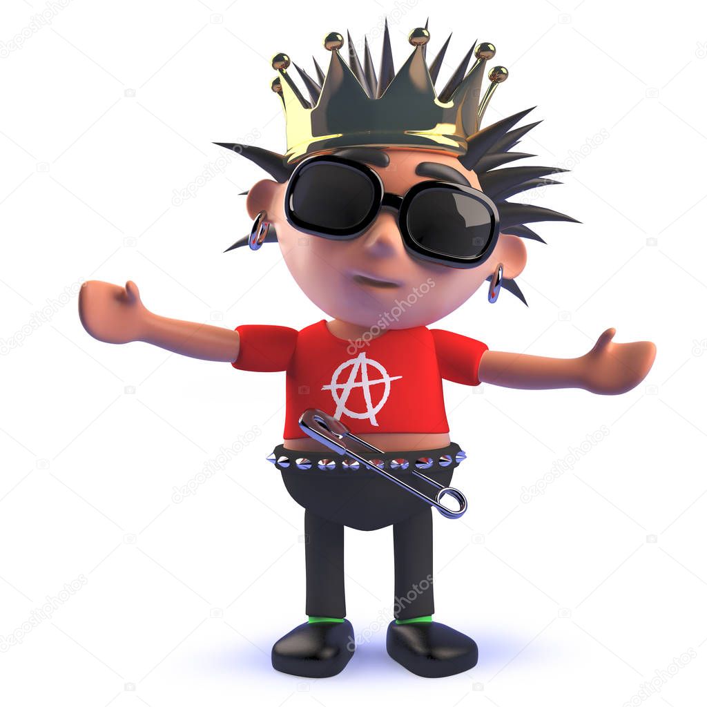 King cartoon punk rock characte in 3d wearing a royal gold crown