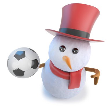 3D komik karikatür kardan adam bir üst şapka giyiyor ve bir futbol topu futbol tutarak