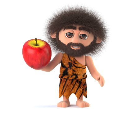 3D Savage mağara adamı bir elma tutan