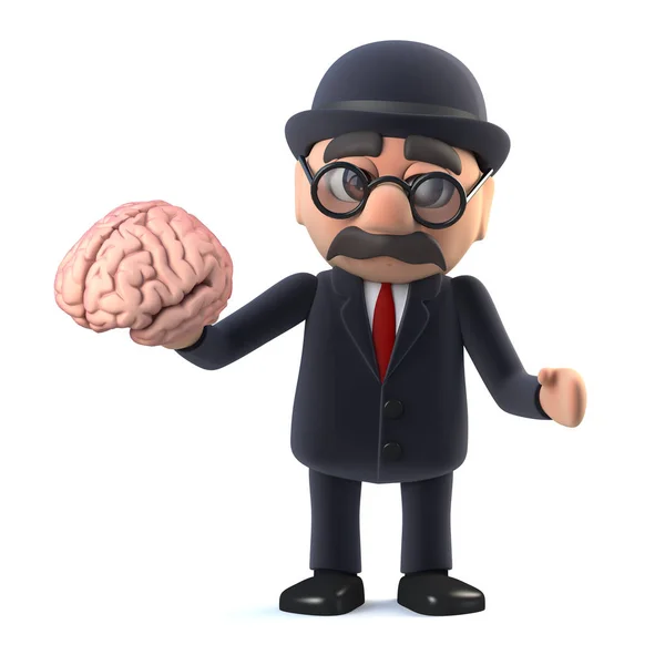 3D Bowler Petten Britse zakenman houden een brein — Stockfoto