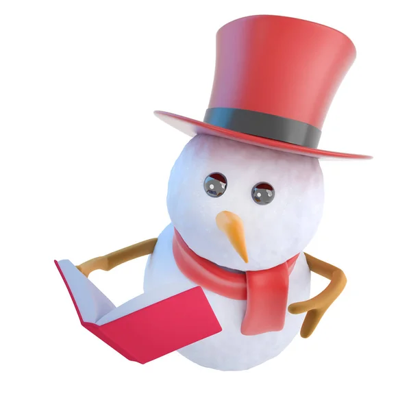 3D lustiger Cartoon-Schneemann mit Zylinder liest ein Buch — Stockfoto