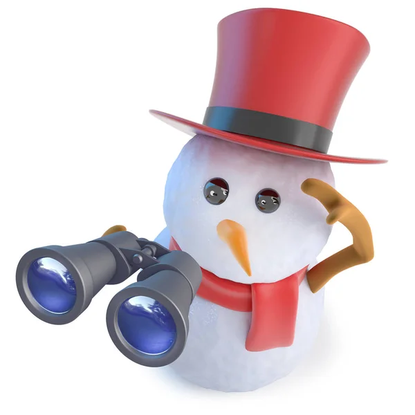 3d Drôle de bonhomme de neige dessin animé dans le chapeau supérieur à l'aide d'une paire de jumelles — Photo