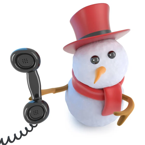 3d engraçado desenho animado inverno boneco de neve personagem atender o telefone — Fotografia de Stock