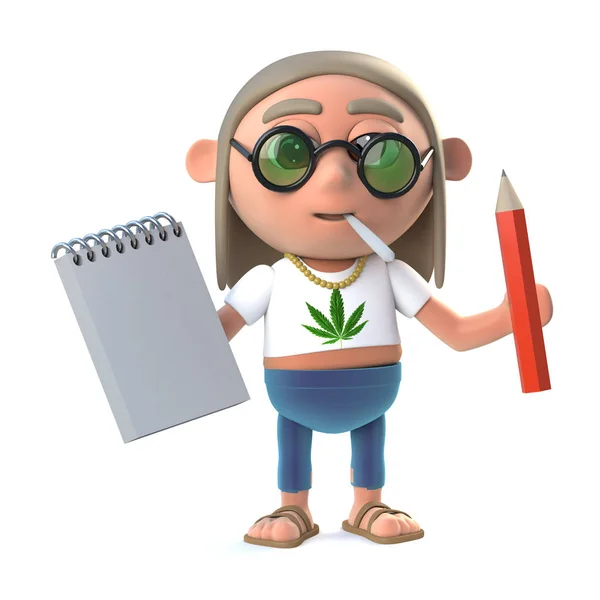 3D Hippy Stoner heeft een Kladblok en potlood — Stockfoto