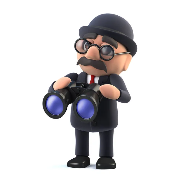 3d Bowler hatted British businessman with a pair of binoculars — Stock Photo, Image