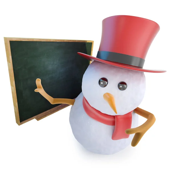 3d divertido muñeco de nieve de dibujos animados en la enseñanza de sombrero de copa delante de una pizarra —  Fotos de Stock
