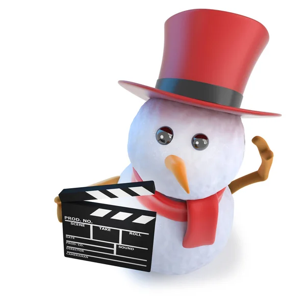 3D grappige cartoon sneeuwpop dragen een Top Hat en het houden van een FLM leisteen klapper Board — Stockfoto