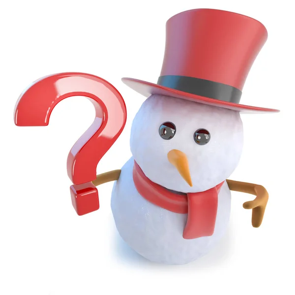 3d Drôle de bonhomme de neige de bande dessinée dans le chapeau supérieur tenant un symbole de point d'interrogation — Photo