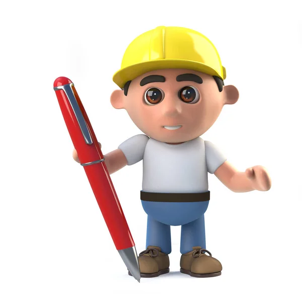 3d Construction worker with pen — Stock Photo, Image