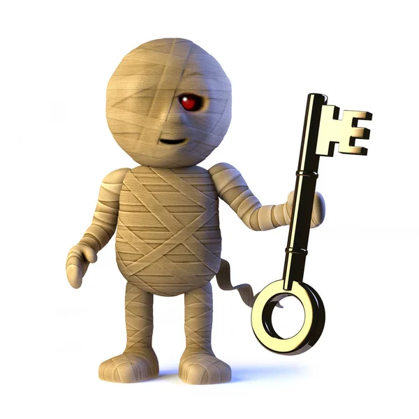 3d Egyptian mummy monster has a gold key — Stock Photo, Image