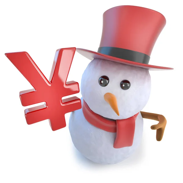 3d engraçado boneco de neve desenhos animados usando um chapéu superior e segurando um símbolo de moeda iene — Fotografia de Stock