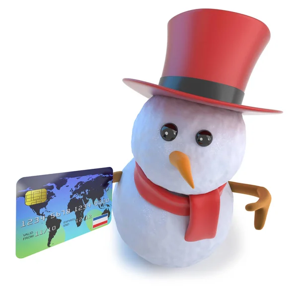3D rolig tecknad snögubbe i Top Hat innehar ett kreditkort — Stockfoto