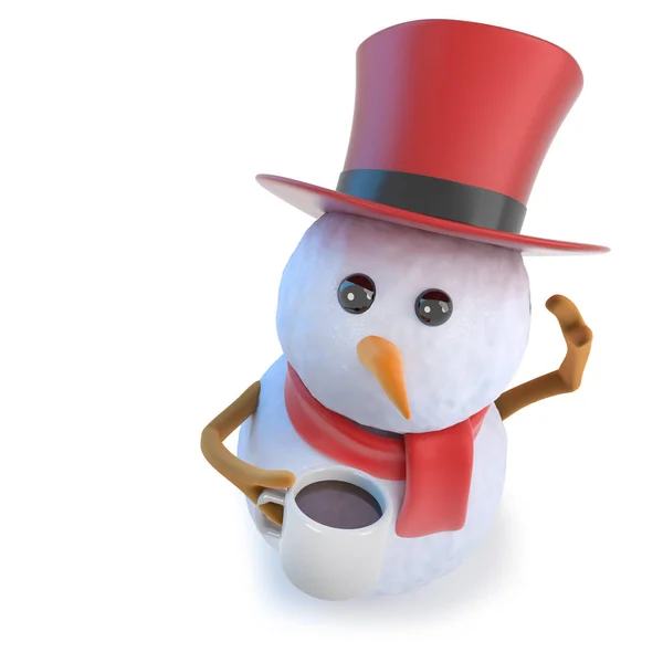 3D αστείο χιονάνθρωπος καρτούν φορώντας ένα κορυφαίο καπέλο και κρατώντας μια κούπα καφέ ή τσάι — Φωτογραφία Αρχείου