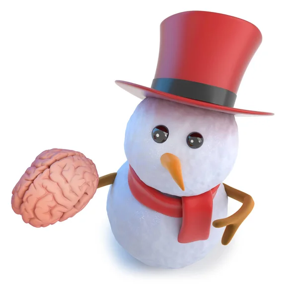 3d divertido muñeco de nieve de dibujos animados en sombrero de copa sosteniendo un cerebro —  Fotos de Stock