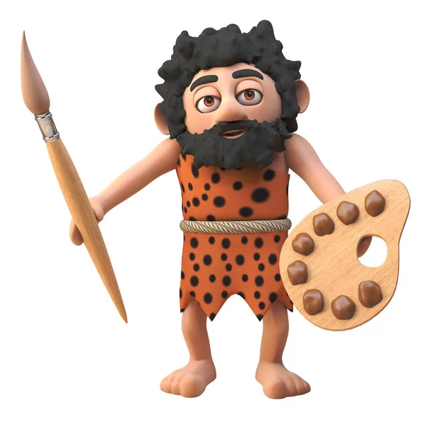 Personaje de cavernícola de dibujos animados en 3d preparándose para pintar su cueva con pincel y paleta, ilustración 3d — Foto de Stock