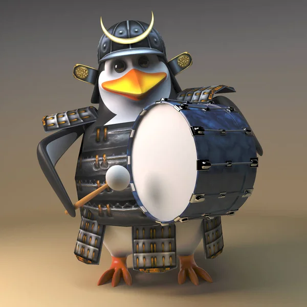 Pingvin harcos szamuráj 3D karakter verte a nagydob, 3D illusztráció — Stock Fotó