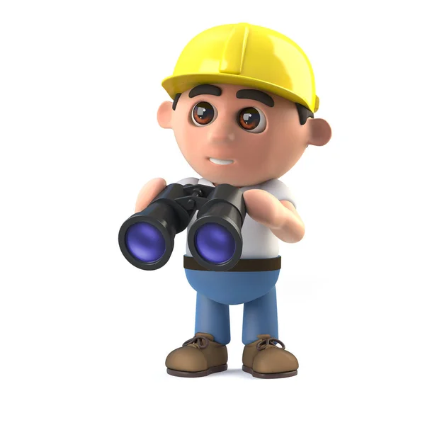 3d trabalhador da construção tem um par de binóculos — Fotografia de Stock