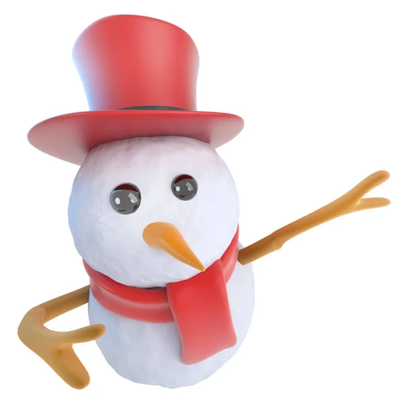 3D αστείο κινούμενα σχέδια χειμώνας χιονάνθρωπος χαρακτήρα που δείχνει το δρόμο — Φωτογραφία Αρχείου
