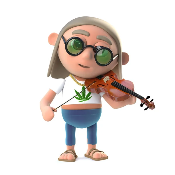 3d drôle dessin animé hippy stoner personnage jouer de la musique sur un violon — Photo