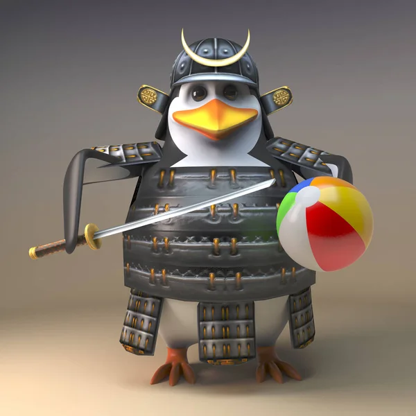 Penguin warrior samurai character in 3d holding a beach ball and katana sword, 3d illustration — Stock Photo, Image