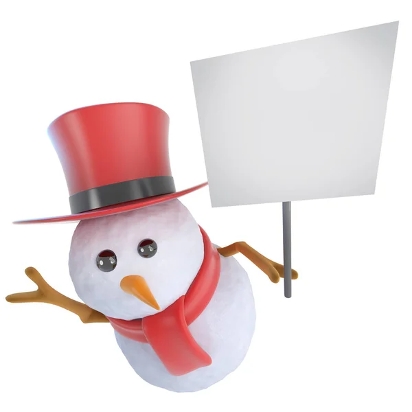 3D vicces rajzfilm téli hóember karakter, kezében egy üres tábla banner — Stock Fotó